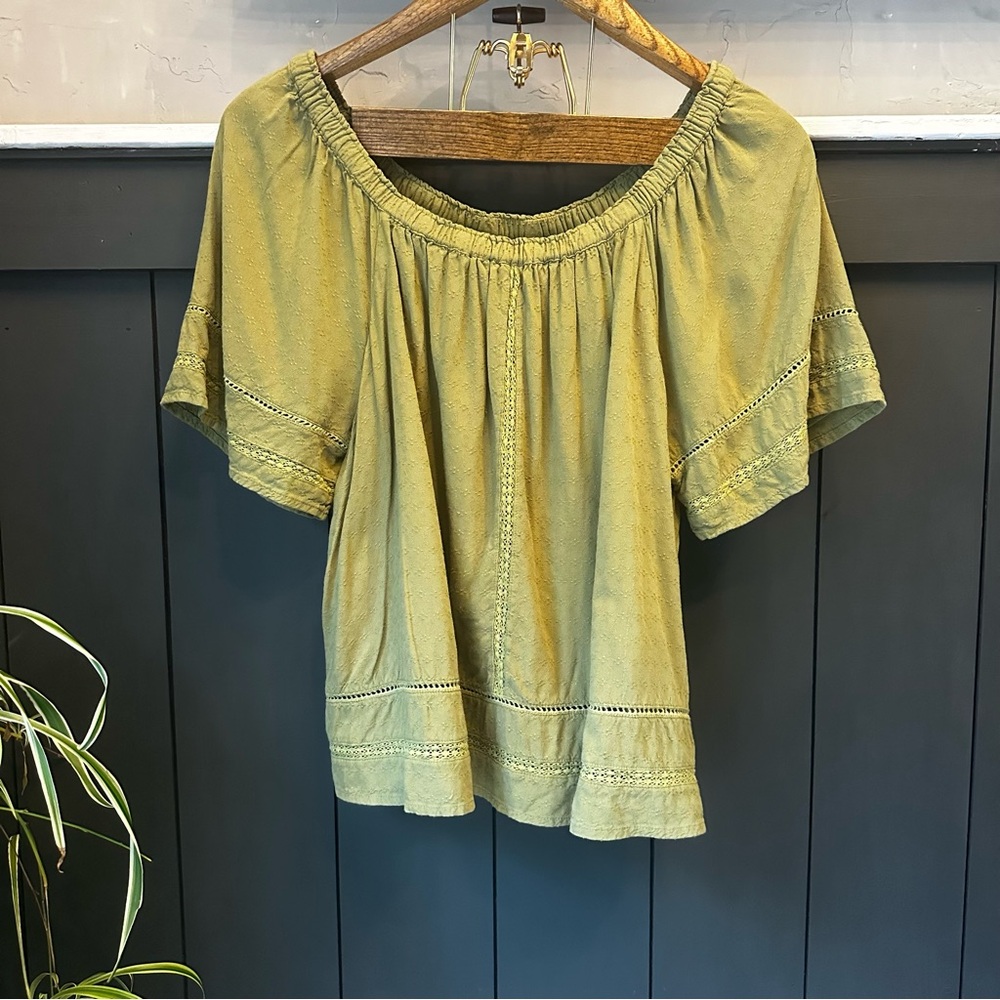 Womens Olive Green Peasant Off-Shoulder Blouse